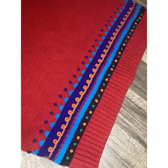 Vintage 80s Red Turtleneck Sweater Women L Chunky Bold Embroidered Shoulder Pads - Picture 6 of 6